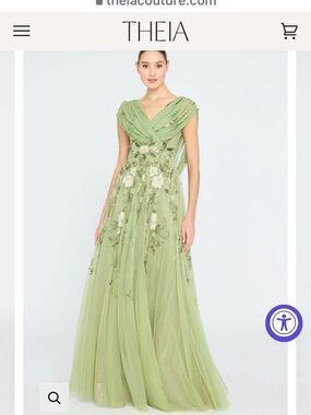 THEIA Light Sage Green Embellished Tulle Maxi Gown